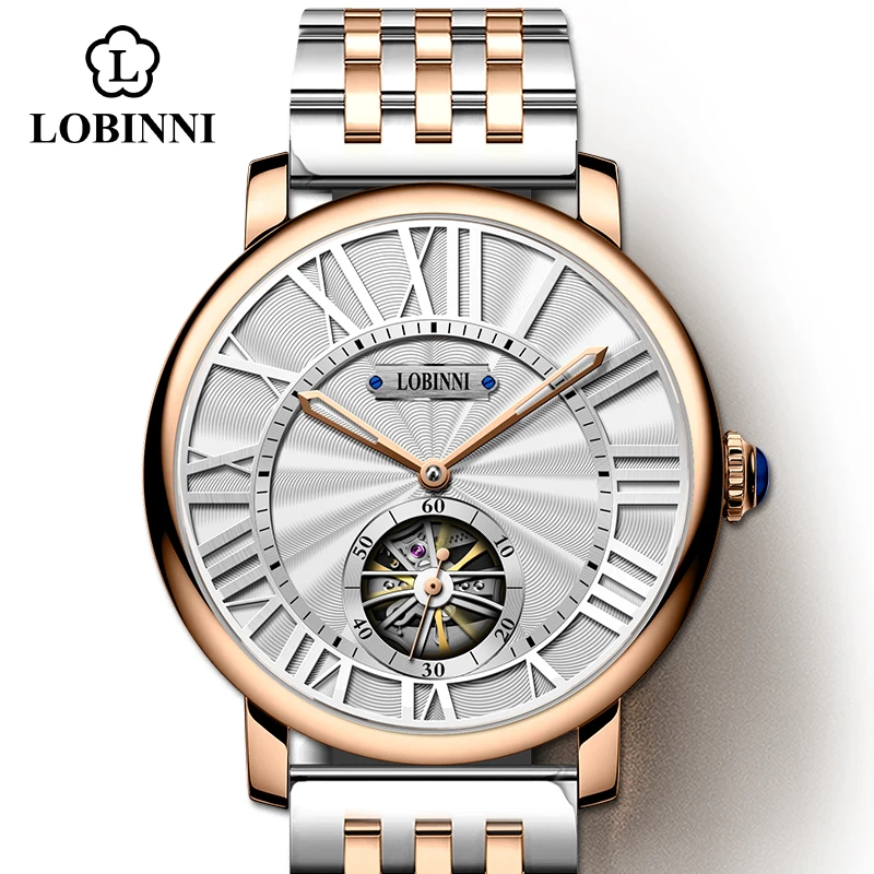 Rose-White-Steel LOBINNI Чайка автоматический SelfWind механические мужские часы швейцарский бренд мужской подарок Скелет Дизайн Masculinity часы - Цвет: Rose-White-Steel