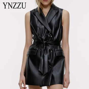 

Chic Sleeveless Faux leather jacket 2020 Spirng Autumn Black Loose Pu Vest With belt Pocket Notched Ladies Outwear YNZZU 9O179