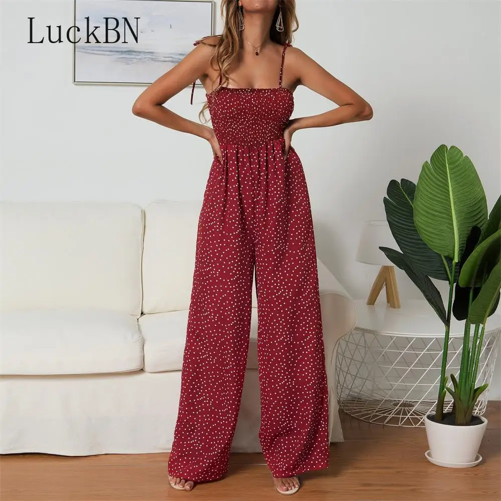 Red Blue Small Polka Dot Print Rompers Spaghetti Strap Wide Leg Straight Jumpsuit Women Sexy Boho Beach Casual Summer Jumpsuits Jumpsuits Aliexpress
