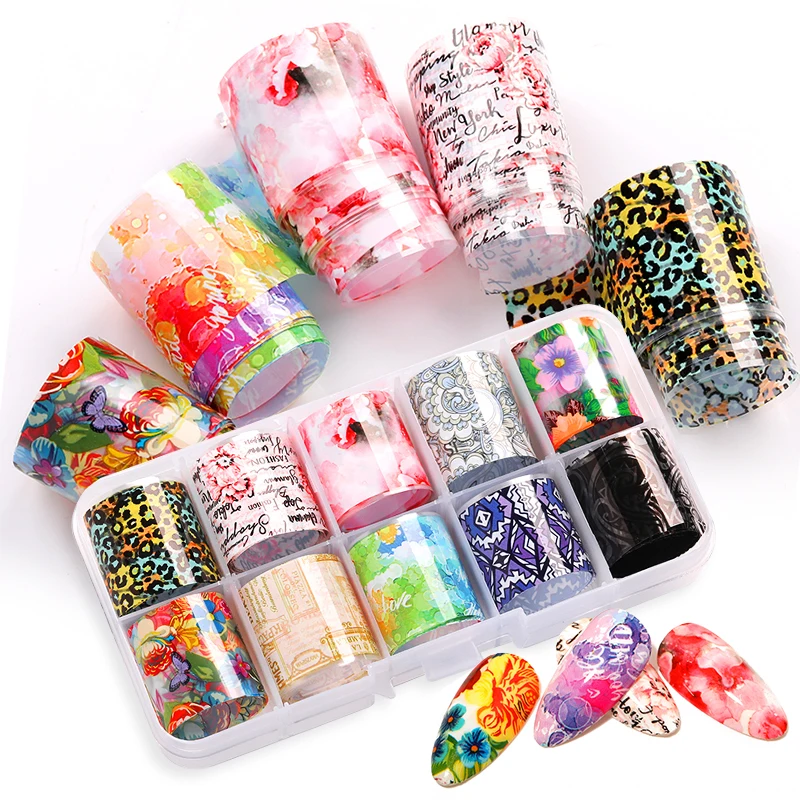 10 Rolls Set7 10 шт., переводные наклейки из фольги с цветами для ногтей, цветочные кружева, листья, дерево, летние слайдеры, наклейки, обертывания, набор для украшения ногтей, 100*2,5 см - Цвет: 10 Rolls Set7