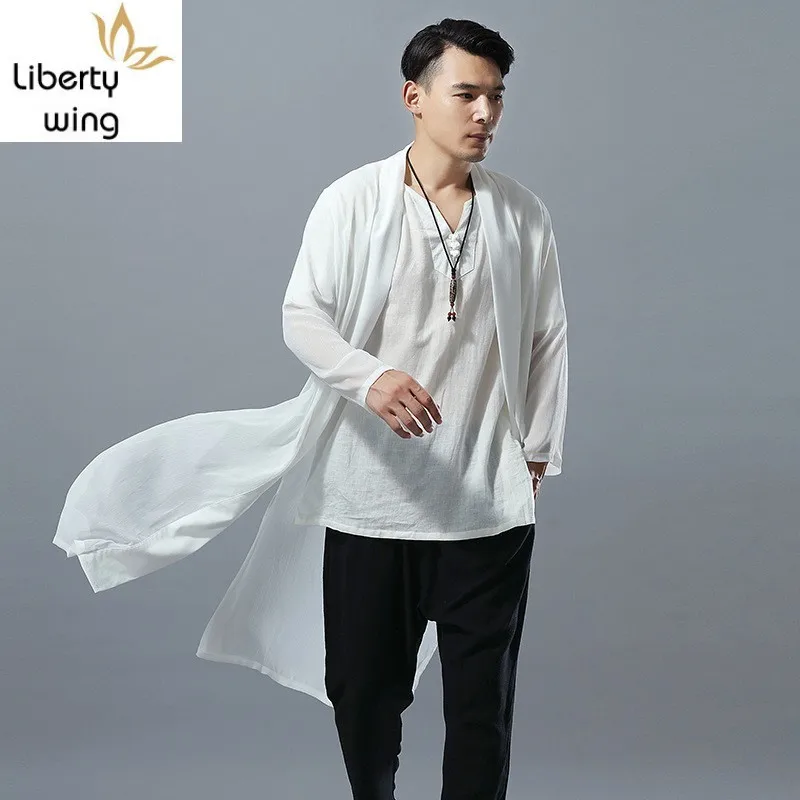 

2020 Summer Men Sleeve Chiffon Shirts White Loose Casual Thin Long Cardigan Shirt Brand High Quality Soft Male Tops Clothes