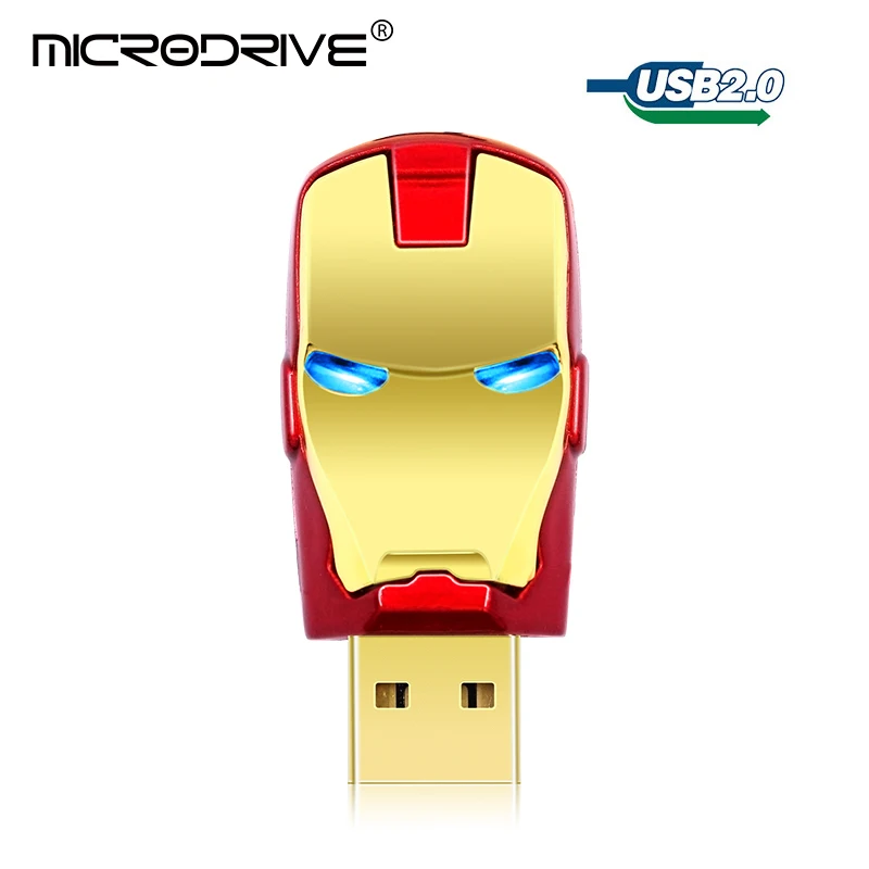 Железный человек, USB флеш-накопитель, 8 ГБ, 16 ГБ, 32 ГБ, 64 ГБ, 128 ГБ, металлический USB флеш-накопитель, светодиодный светильник, флеш-накопители, флеш-накопители, мужской подарок - Цвет: Золотой