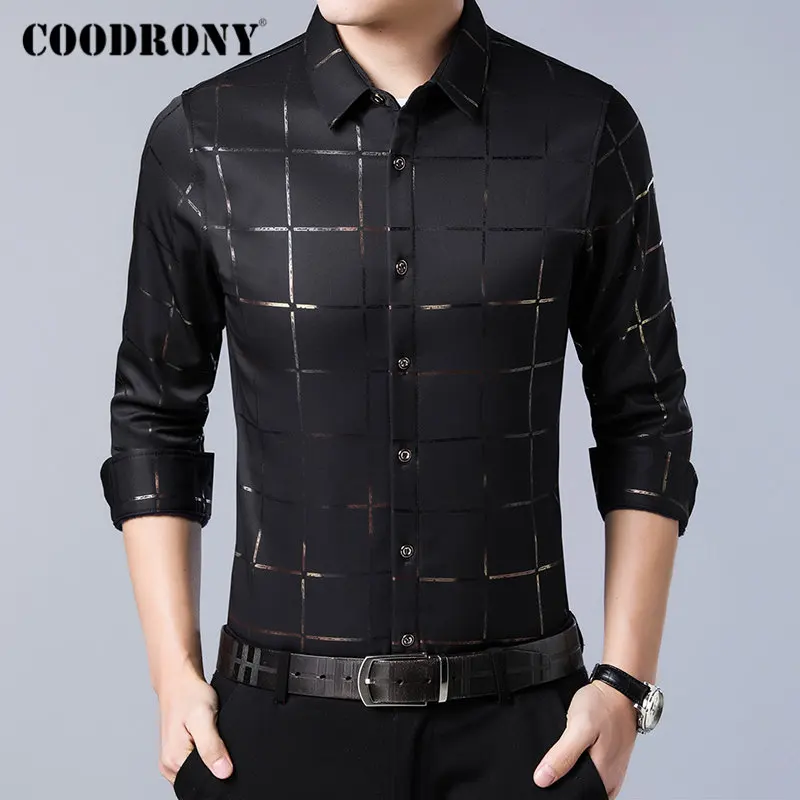 Черный Бренд COODRONY, мужские рубашки с длинным рукавом, хлопковая рубашка для мужчин, осенние мужские рубашки, Повседневная облегающая уличная одежда, клетчатая рубашка Camisa Masculina 96065 - Цвет: Черный