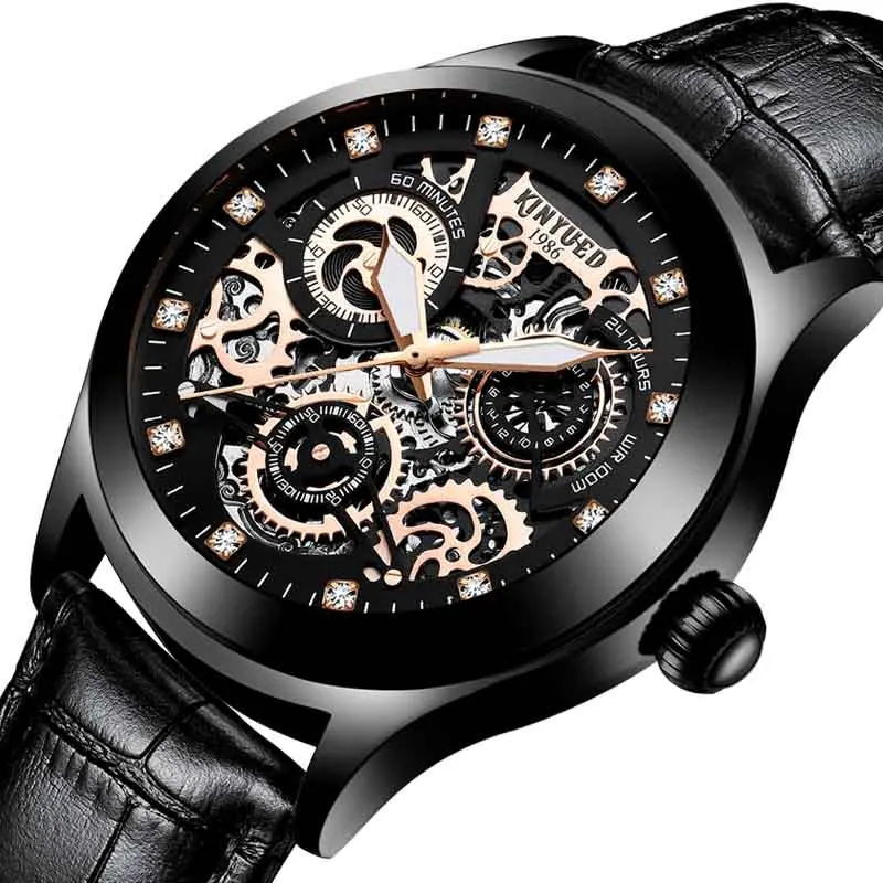 KINYUED механические часы со скелетом Tourbillion Мужские автоматические часы мужские роскошные брендовые Водонепроницаемые кожаные золотые часы montre homme - Цвет: Черный