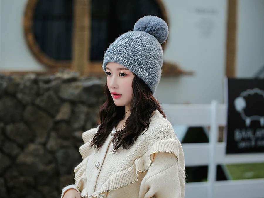 Зимняя женская бархатная вязаная шапка, модная, высокая эластичность, женская теплая шерстяная Кепка с бриллиантами