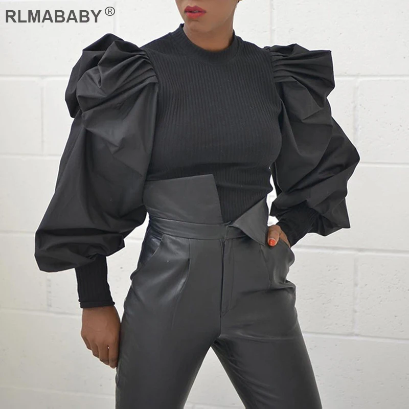 RLMABABY Vintage Puff Sleeve Sexy Women Tshirts O Neck Female Tee Shirts Knitted Ribbed Spliced Casual Autumn Winter Ladies Top