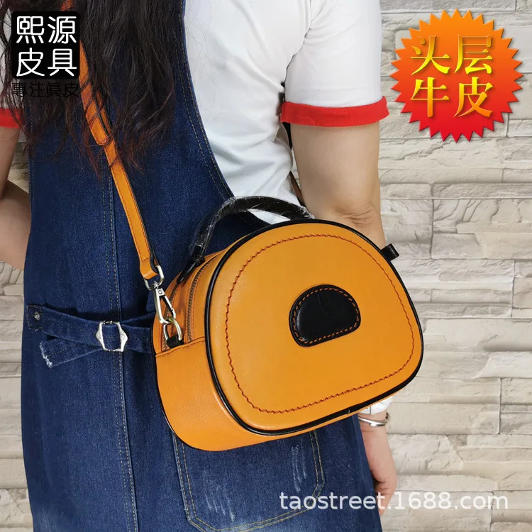 

2019 New Style Guangzhou Genuine Leather Full-grain Leather Skeleton-skin Cool Contrast Color Small round Bag Shoulder Bag