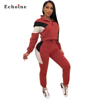 

Fashion Color Block Patchwork Two Piece Set Women Sportswear Suits Casual Hooded Tops Turtleneck Long Pants Run Joggers Outfits