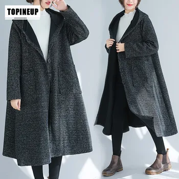 

loog Sleeve Wool Women Plus Size Fashion long sleeves woolen hooded coat 2019 Autumn Winter New