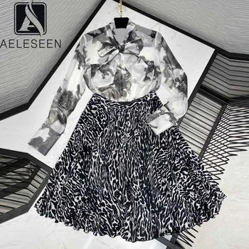 

AELESEEN Runway Fashion Women Sets 2020 High Quality Flower Print Bow Collar Silk Blouse + Leopard Print Pleated Skirt Sets