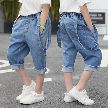 

3-12Yrs Big Boys Knee Length Jeans Blue Jean Overalls for Kids Summer Jumpsuit Boy Hole Denim Pants Kid Clothes Overoles