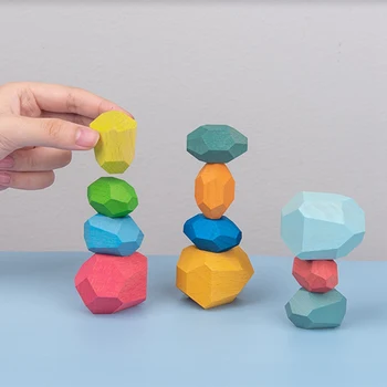 

Rainbow Colored Wooden Stone Kids Building Block Educational Toy Creative Nordic Style Stacking Block Game Children Gifts