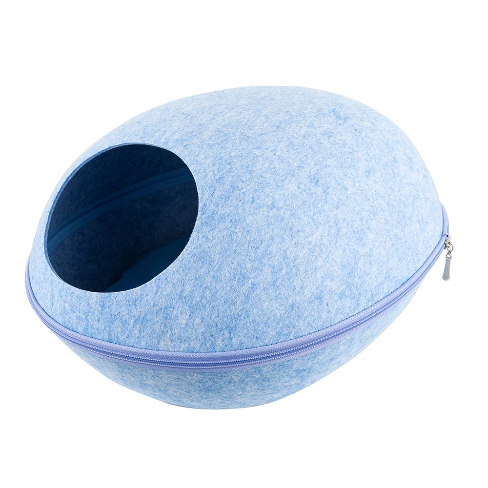 Portable Cute Cat Bed Pets Puppy Cave Sleeping Bags Zipper Egg Shaped Felt Cloth Pets Warm House Nest Cats Basket with Cushion - Color: blue