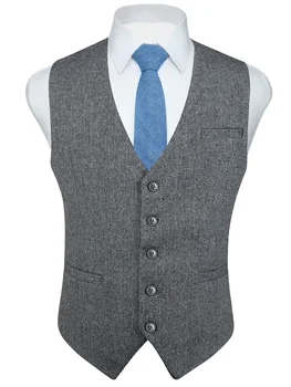 

Fashion Men's Herringbone Tweed Business Suits Vest Slim Fit Fullback Wool Blend Dress Waistcoat for Suit or Tuxedo