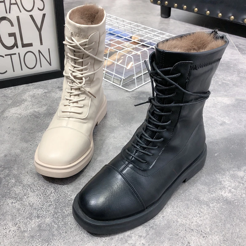 

Women's boots new Korean version of the square head zipper Martin boots leather warm rabbit hair plus velvet non-slip boots
