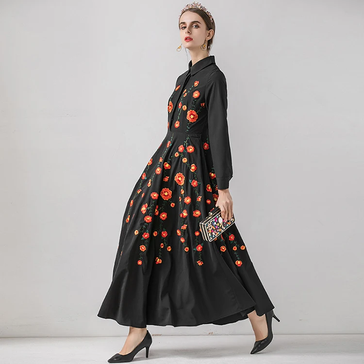 SEQINYY Long Dress Autumn Winter New Fashion Design Women Long Sleeve Orange Flowers Embroidery Elegant Black Dress