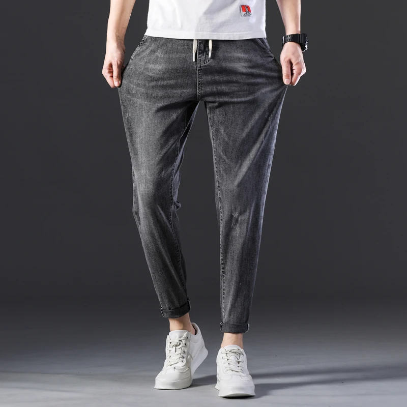 Promotion Man Spring Autumn casual fashion Streetwear Men's Elastic Belt Cotton denim Ankle Zipper Elastic Slim fit Jeans Men Clothing