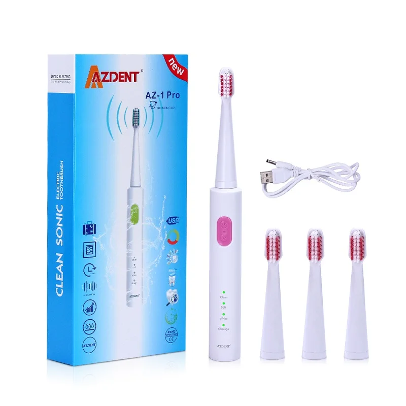 Pink AZDENT AZ-1Pro USB перезаряжаемая электрическая зубная щетка 3 режима ультра звуковая Водонепроницаемая зубная щетка 4 сменные головки для чистки полости рта - Цвет: Pink