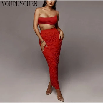 

Summer Red Party Two Piece Set Women Crop Top Pencil Ruched Long Skirt 2 Pieces Sets Festival Outfits Sexy Club Suit Clothes