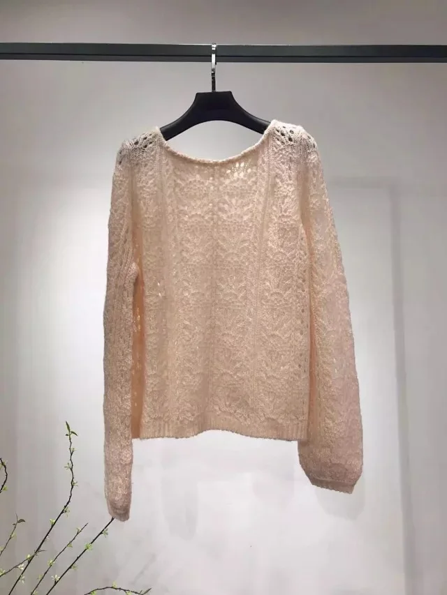 Розовый Женский свитер осень круглый вырез Полый Свободный мохеровый свитер - Цвет: Розовый