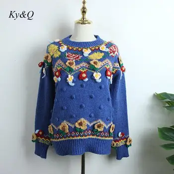 

Brand Designer Christmas Flower Embroidery O-neck Loose Thick Blue Pullover Sweater Christmas Luxury Fashion Women 2019 Winter