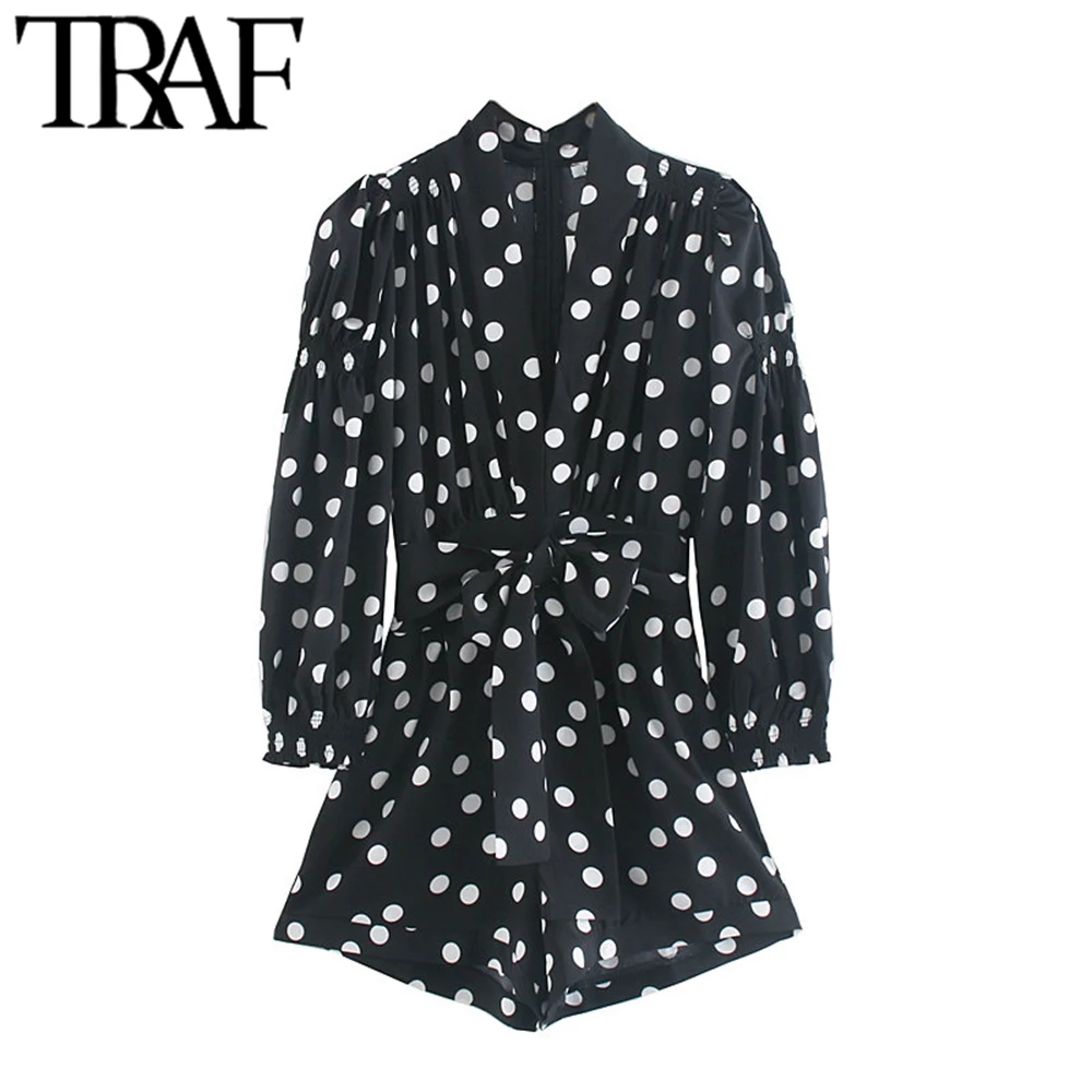 

TRAF Women Vintage Fashion Polka Dot Bow Tie Sashes Jumpsuits V Neck Long Sleeve Back Zipper Rompers Stylish Playsuits Femme