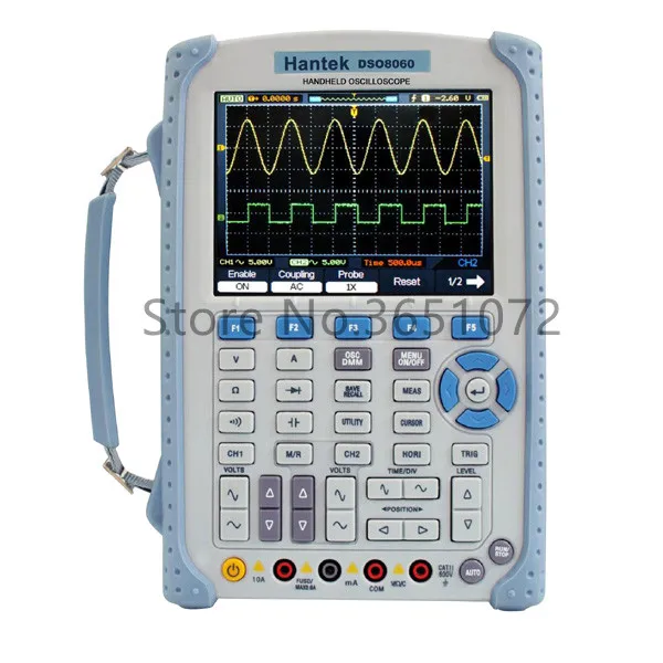 

DSO8060 Five-in-one Handheld Oscilloscope. Oscilloscope/DMM/ Spectrum Analyzer/Frequency Counter/Arbtrary Waveform generator