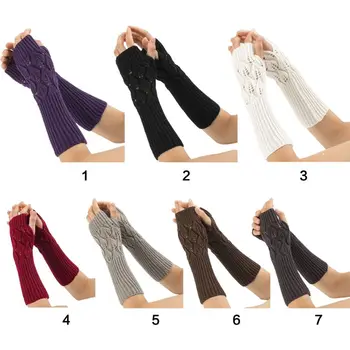 

Womens Girls Winter Knitted Jacquard Fingerless Gloves Hollow Out Leaves Long Arm Warmers Solid Color Mittens with Thumb Hole