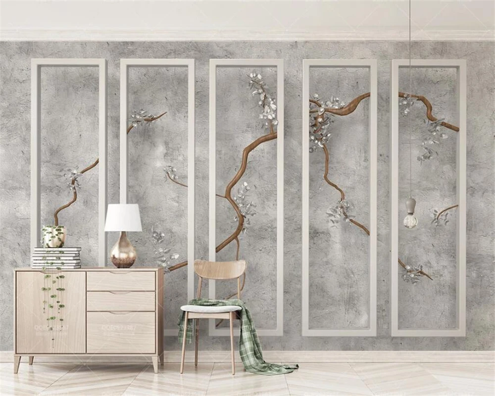 

Customized 3d wallpaper gray cement wall box branch flower mural 3d papel de parede living room bedroom TV background wall paper