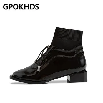

GPOKHDS 2021 women Ankle boots Cow leather winter short plush Pointed Toe knitted Lace-Up Med heels female boots size 43