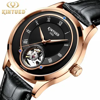 

KINYUED 2020 new Men's Tourbillon Steel Watch Male Automatic Mechanical Hollow Waterproof Watches Leather strap clock Rose gold