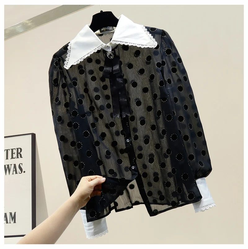 

Lace Panel Bow Polka Dot Chiffon Microlens Shirt Women's Blouses and Tops Red Shirt Ladies Loose Black Shirts Bluzki Damskie