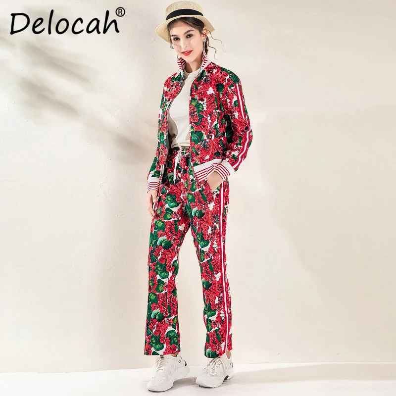 Delocah, осенне-зимние женские костюмы, модный дизайнерский костюм с длинным рукавом, блузы с принтом+ длинные штаны, комплект из двух предметов, женские комплекты - Цвет: Многоцветный