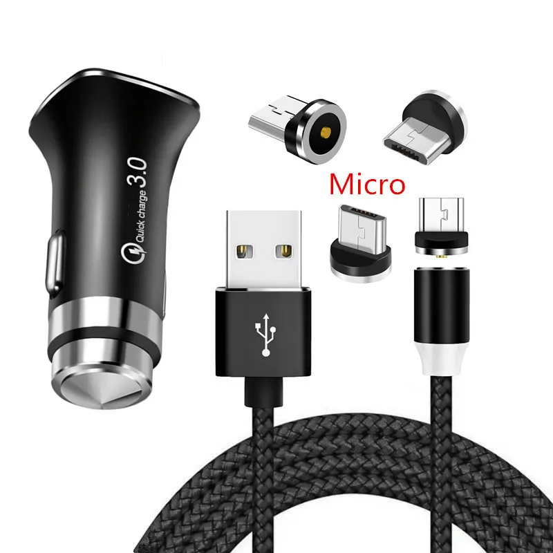 Магнитный Micro USB кабель QC 3,0 быстрое автомобильное зарядное устройство Oppo F11 R11s alcatel 3L Nokia 6 2,2 для samsung huawei Honor 8A android телефон - Тип штекера: EU charger and cable