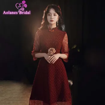 

High Neck Wine Red Prom Dress Tea Length Prom Dress Party Dresses 2020 New Design