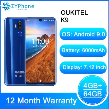

OUKITEL K9 Waterdrop 7.12" FHD 1080*2244 16MP 2MP/8MP Smartphone 4GB 64GB Face ID 6000mAh 5V/6A Quick Charge OTG Mobile Phone