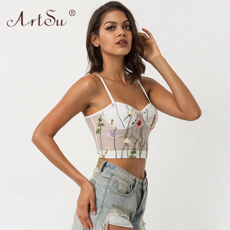 ArtSu Women Sexy Hollow Out Floral Embroidery Summer Boho Shirt V-Neck White Crop Top See Through Mesh Tank Top Club