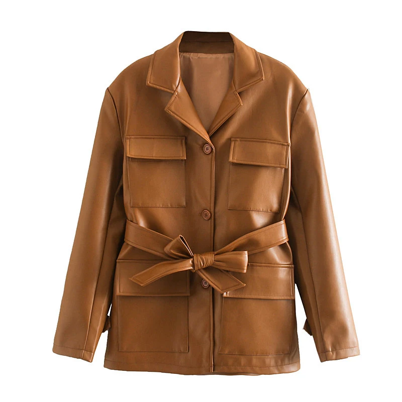 

Vintage Chic Brown Sashes Pockets Leather Jacket Women Fashion Turn-down Collar Pu Jacket Elegant Ladies French Retro Coat