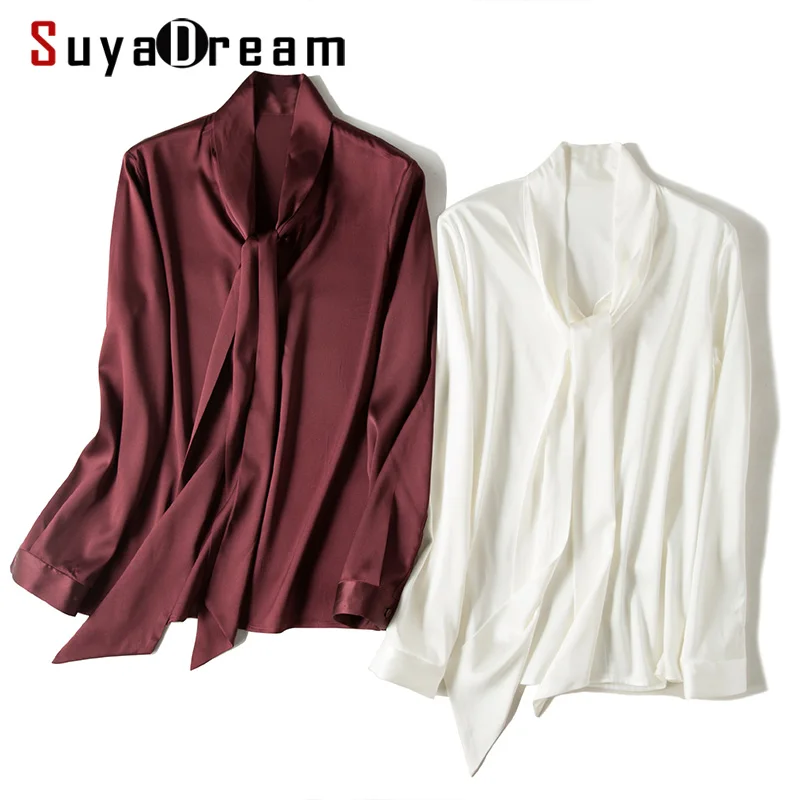 SuyaDream, женские одноцветные блузки с воротником-бантиком, шелковая атласная офисная блуза с длинными рукавами, рубашка,, офисные женские рубашки