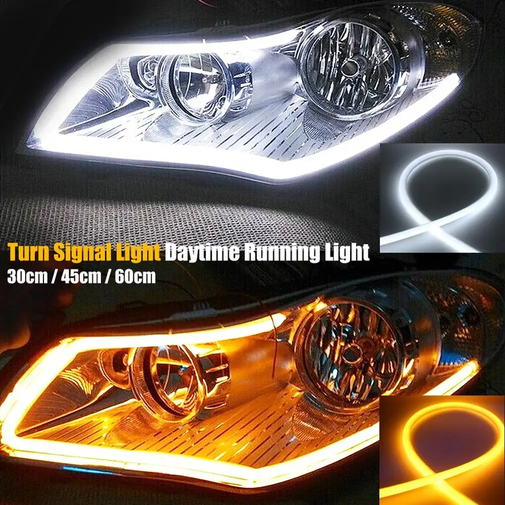 

2Pcs/set 30CM 45CM 60CM Car Led Strip Tube DRL Light White Yellow Car Headlight Kit Guide Strip Turn Signal Light 12V