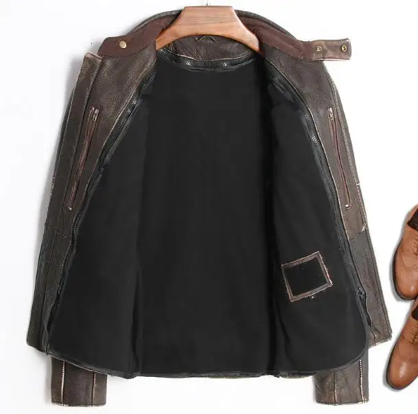 Настоящая Натуральная кожаная куртка для мужчин, мотоциклетная винтажная коричневая натуральная коровья кожа, Мужское пальто высокого качества, роскошная брендовая одежда, Топ