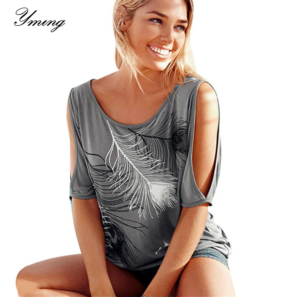 

Yming Tops Women Feather Printed Tee Shirt Harajuku Off Shoulder Top Oversized Casual Tshirt Aesthetic Plus Size Beach T-Shirt