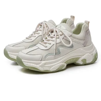 

Sneakers Women Real Leather Women Flats Round Toe Daddy Shoes Lace-Up Woman Casual Shoes Thick Bottom Dad Shoes Walking Sneakers