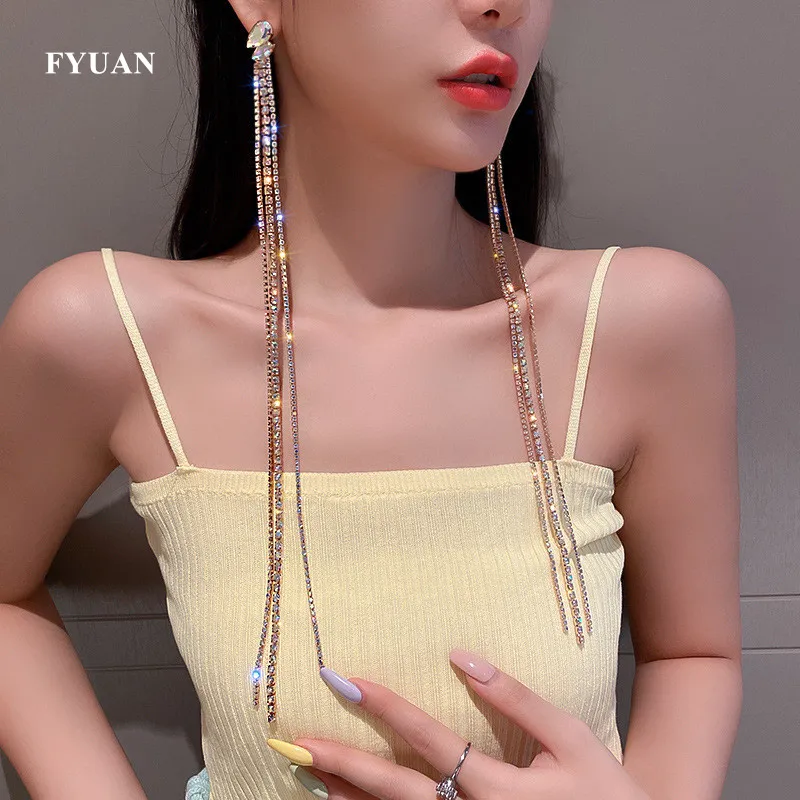 Women Geometric Dangle Drop Long Crystal Tassel Earrings Colorful Rhinestone Oversize Statement Jewelry
