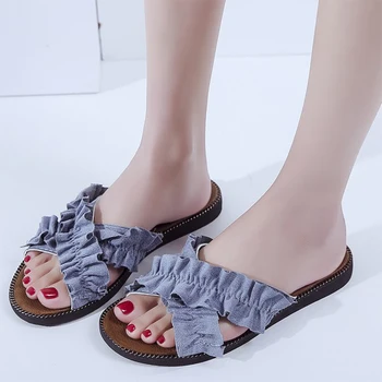 

Summer Women Slippers Female Fashion Ruffles Slides Woman Comfortbale Sandals 2020 Ladies Beach Casual Slip On Flats Shoes