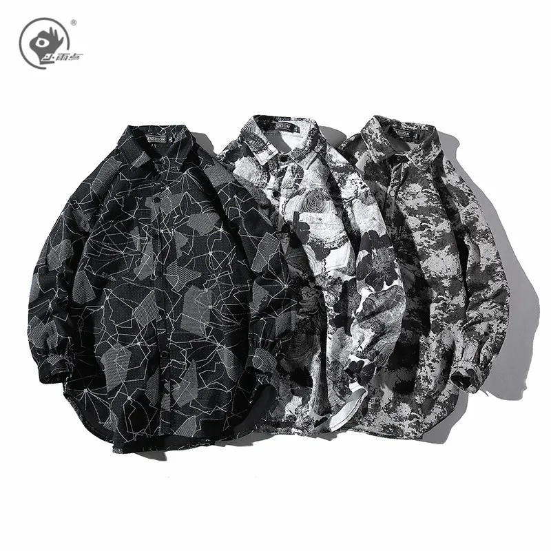 

Little Rain Shirt Men Long Sleeve Retro Men Shirt Fashion Button Down Plaid Floral Printed Brand Clothing Casual Couple Shirts