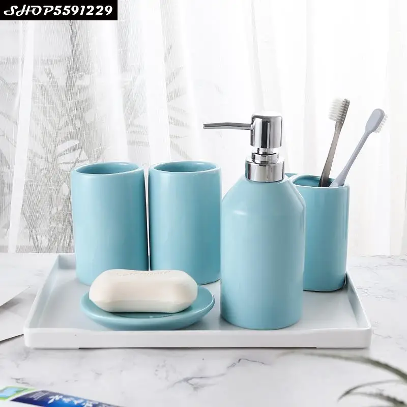 Nordic Ceramic Wash Cup Set Household Bathroom Five piece Brushing Cup Press Bottle Wood Grain Tray Home Accessories|Bathroom Accessories Sets| AliExpress