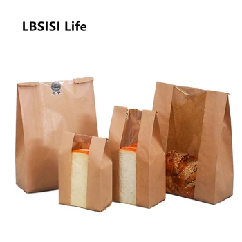

LBSISI Life 50pcs Kraft Paper Biscuit Bread Bag Oil Water Proof Takeaway Food Package Bags With Window Wedding Party Supply