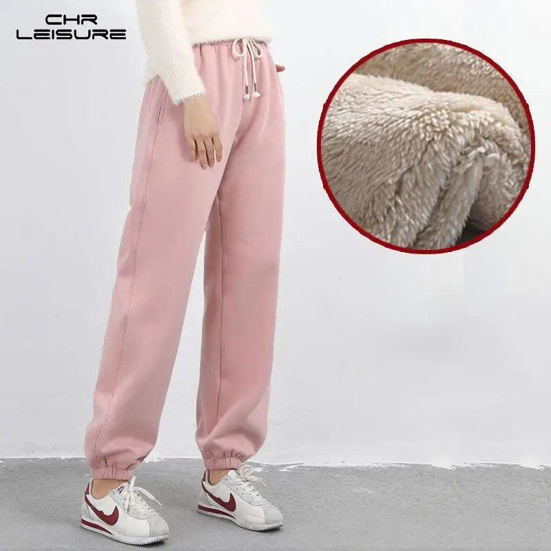 

CHRLEISURE Women Pants Winter High Waist Trousers with Pocket Streetwear Thick Joggers Sweatpants Harem Pants Women