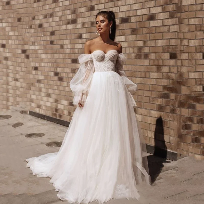 

Princess Wedding Dresses Sweetheart Puff Sleeve movable Beach Bridal Gown Off The Shoulder Lace Up Back Boho Wedding Gowns